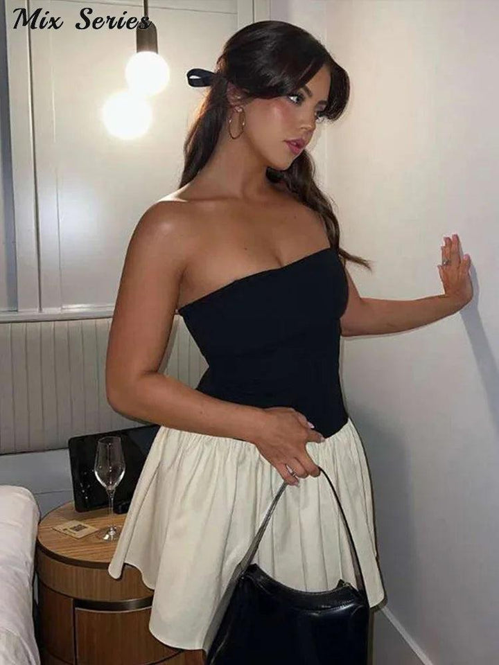 Elegant Patchwork Contrast Tube Dress Women Sexy Off Shoulder Sleeveless Backless Pleated Dresses 2024 Summer Female Vestidos-THAT FASHION STORE