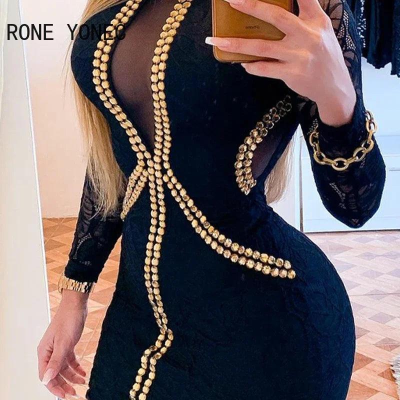 Women Sexy Patchwork Rhinestone Long Lace Sleeves Mesh Bodycon Mini Sexy Party Dresses-THAT FASHION STORE