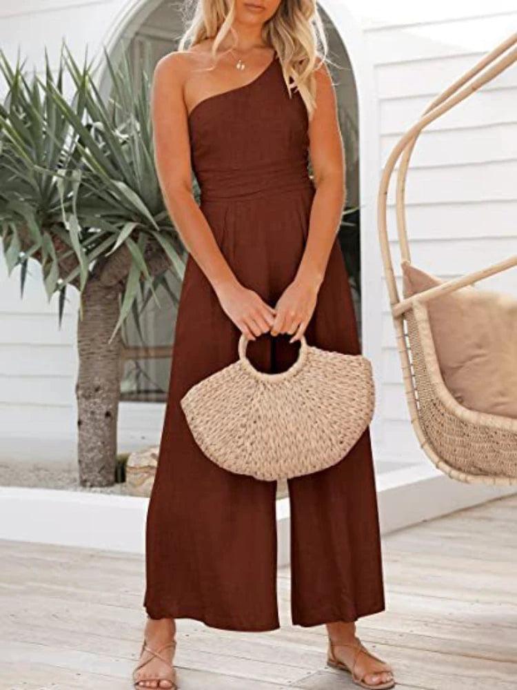 Women's Jumpsuit Single Shoulder Strap Pleated High Jumpsuit-THAT FASHION STORE