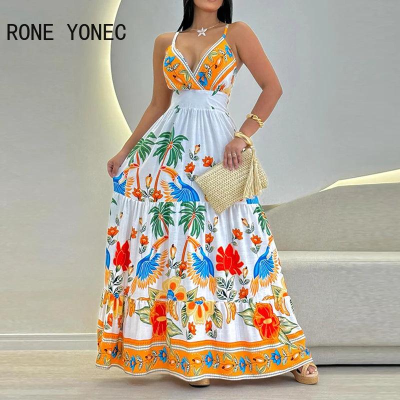 2024 Women All Over Print Deep V Neck Spaghetti Straps Ruffles Maxi Sexy Vacation Dresses-THAT FASHION STORE