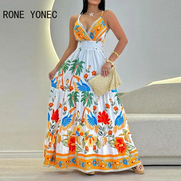 2024 Women All Over Print Deep V Neck Spaghetti Straps Ruffles Maxi Sexy Vacation Dresses-THAT FASHION STORE