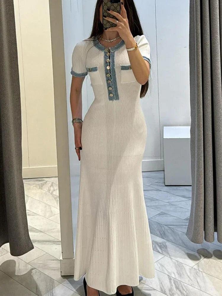 Elegant V Neck Denim Patchwork Knitted Long Dress Women Fashion Short Sleeved Buttons Bodycon Dresses Office Lady Pockets Robes-THAT FASHION STORE