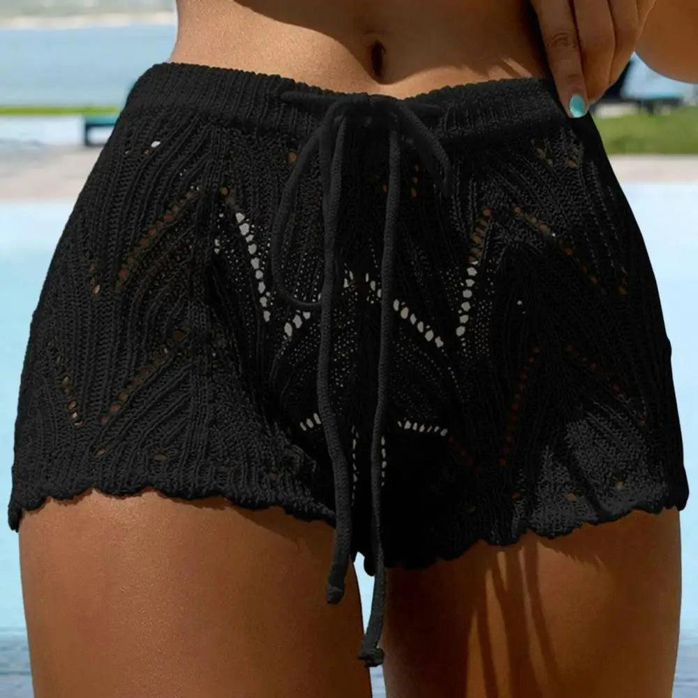 Women Beach Shorts Summer Bikini Shorts Hollow Out Knitted Lace Drawstring Elastic Waist Breathable Solid Color Loose High Waist-THAT FASHION STORE