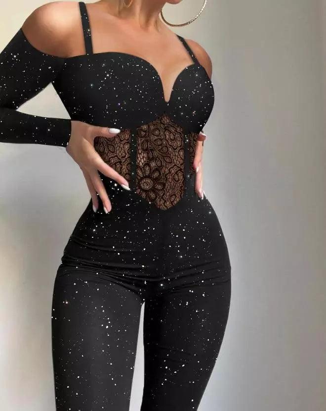 Sexy Party Night Out Jumpsuit Women Elegance 2022 Plain Glitter Cold Shoulder Long Sleeve Contrast Lace Corset Skinny Jumpsuit-THAT FASHION STORE