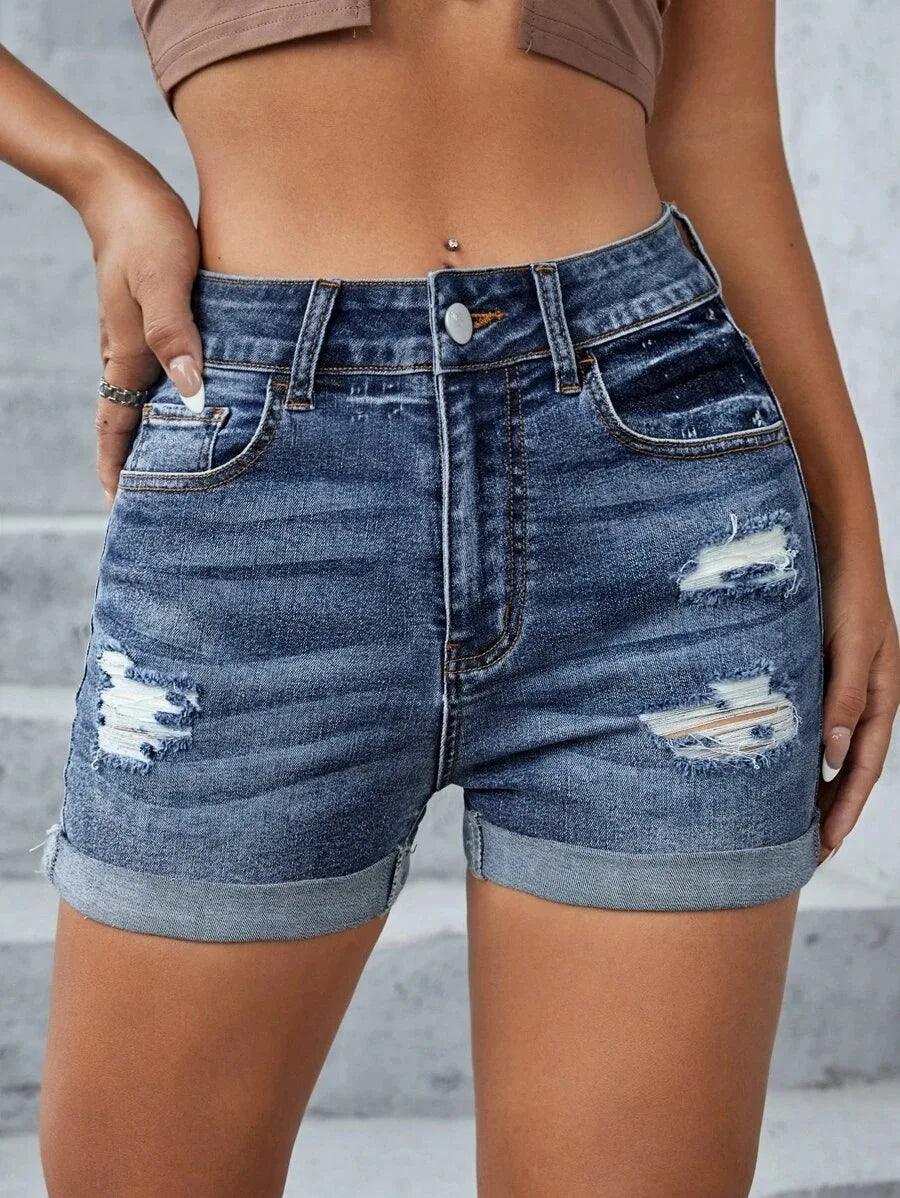 2023 Summer New Women's Mid-Waist Ripped Denim Shorts Fashion Sexy Elastic Rolled Skinny Jeans Shorts S-2XL Drop Shipping-THAT FASHION STORE