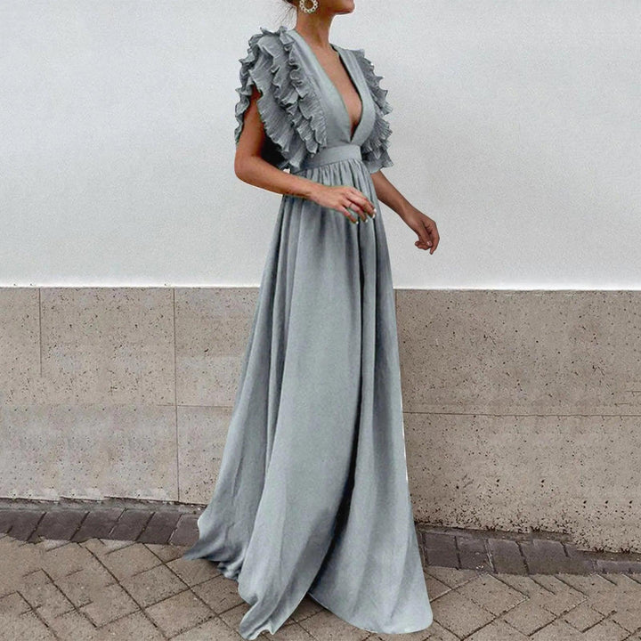 Formal Party Dress Women Sexy Deep V-Neck Long Dress Solid Color Elegant Flying Sleeves Backless Maxi Evening Dresses Robe-THAT FASHION STORE