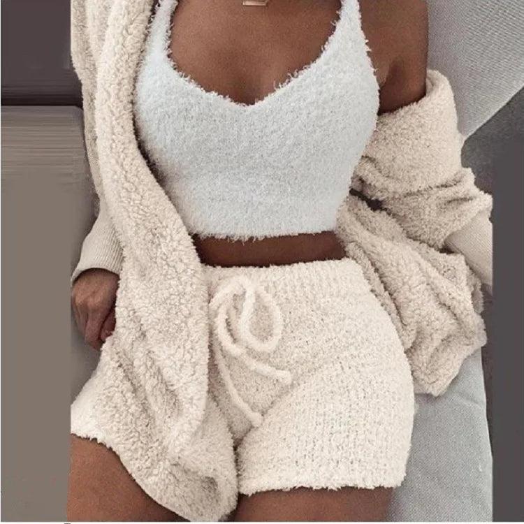 Fluffy Pajamas Set for Women Casual Sleepwear Tank Top and Shorts Plus Size Hoodie Leisure Homsuit Winter 3 Pieces Pijamas-THAT FASHION STORE