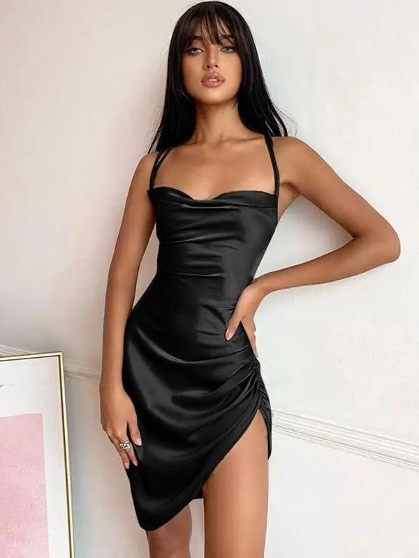 Dulzura Satin Women Strap Mini Dress Ruched Lace Up Cross Bandage Backless Bodycon Sexy Party Elegant 2023 Club Christmas Slim-THAT FASHION STORE