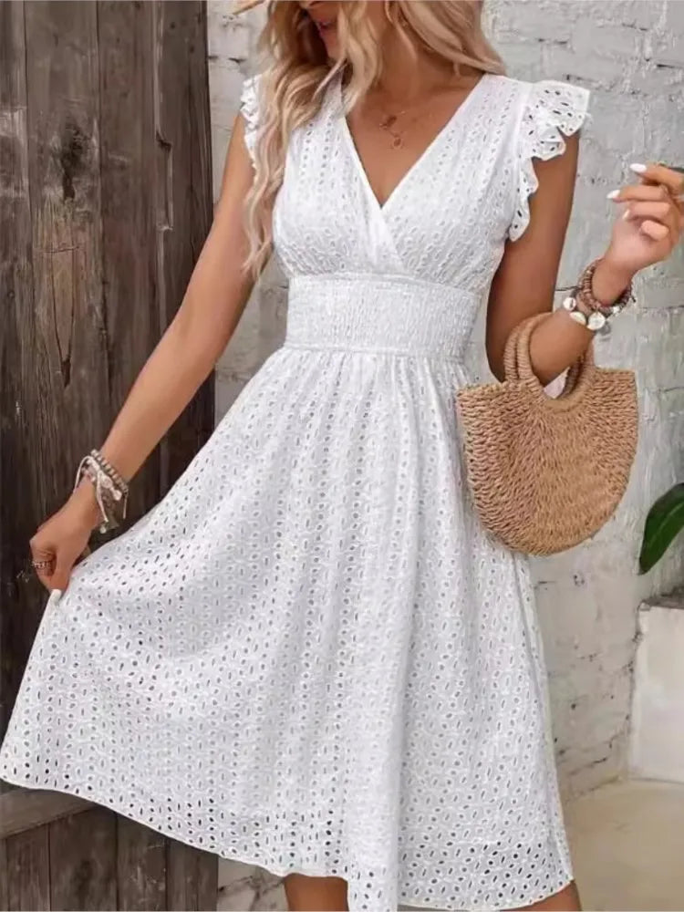 Eyelet Hollow Lace Midi Dresses Women Summer Solid Sexy V-neck Sleeveless High Waist Party Dress Elegant Streetwear Vestidos - THAT FASHION STORE