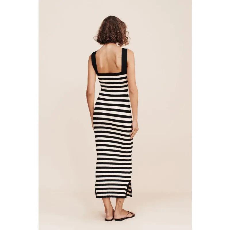 Striped High Waist Backless Maxi Dress Women Contrast Split Slim Fashion Off-Shoulder Autumn 2024 Party Dress Streetwear-THAT FASHION STORE