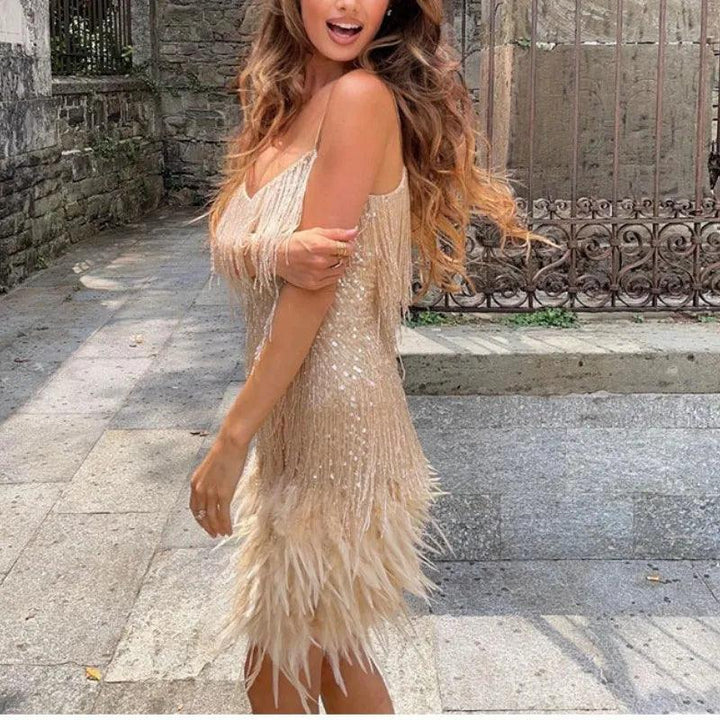 2023 New Sexy Tassel Sequins Feather Mini Dress Women Spaghetti Strap Stitching Dresses Female Elegant Evening Party Club Dress-THAT FASHION STORE