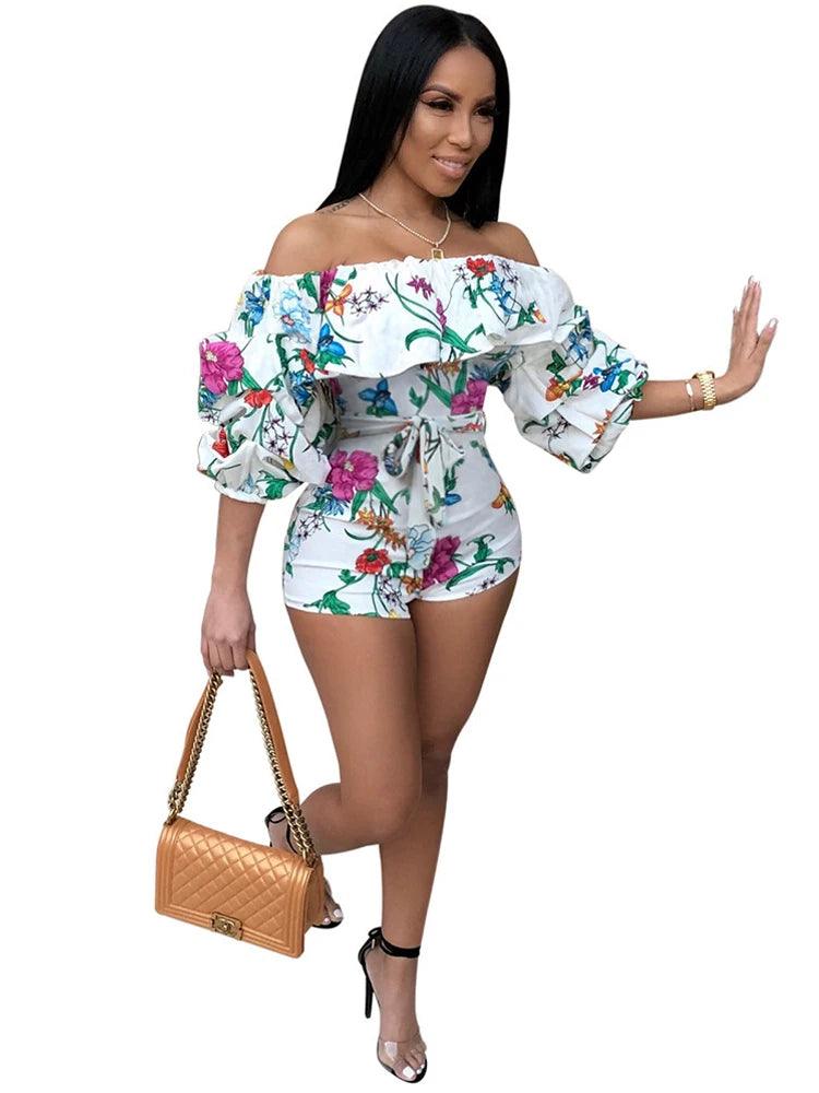 2024 Women's Pleated Off Shoulder Jumpsuit Sexy Backless Slim Fit Bohemian Beach Casual Commuting Print Layered Cuffs Y2k Shorts-THAT FASHION STORE