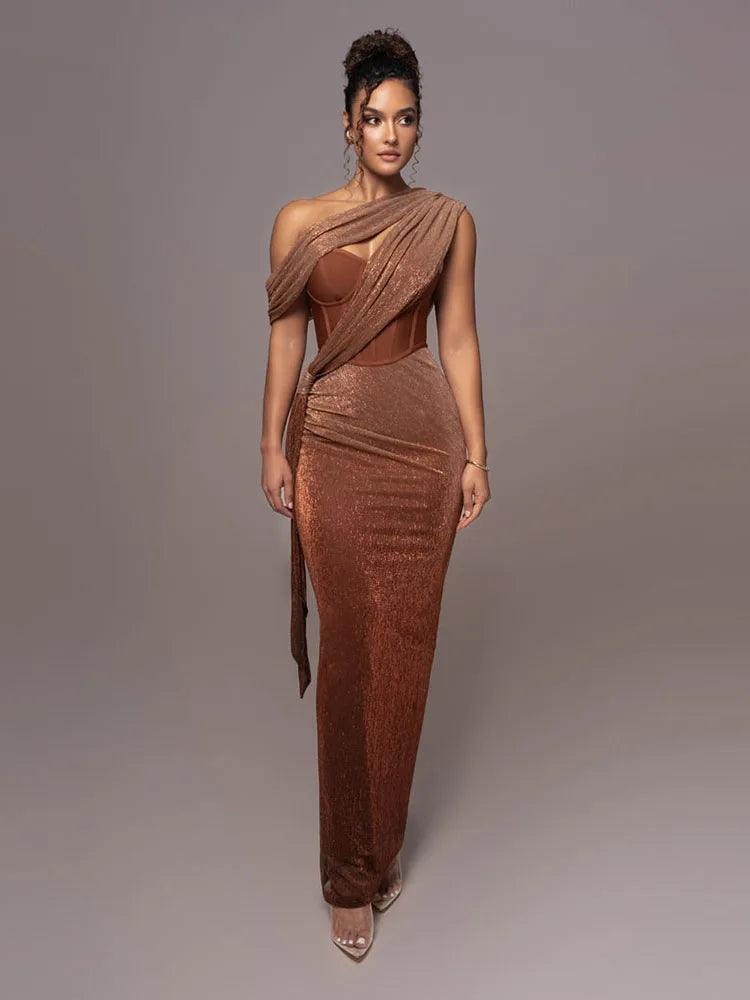 Sexy One Shoulder Draped Glitter Long Dress Women Brown Corset Sparkly Backless Bodycon Maxi Dresses Evening Party Gowns-THAT FASHION STORE