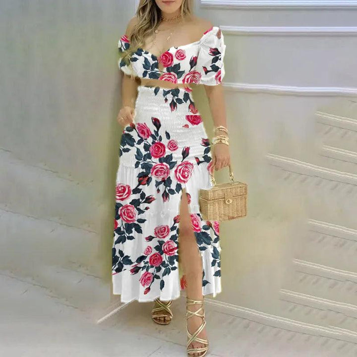 2 Piece Set Women Outfit Vacation Floral Print O Neck Crop Top Shirr +Slit High Waist Women Maxi Skirt Sets 2024 Female Fashion-THAT FASHION STORE