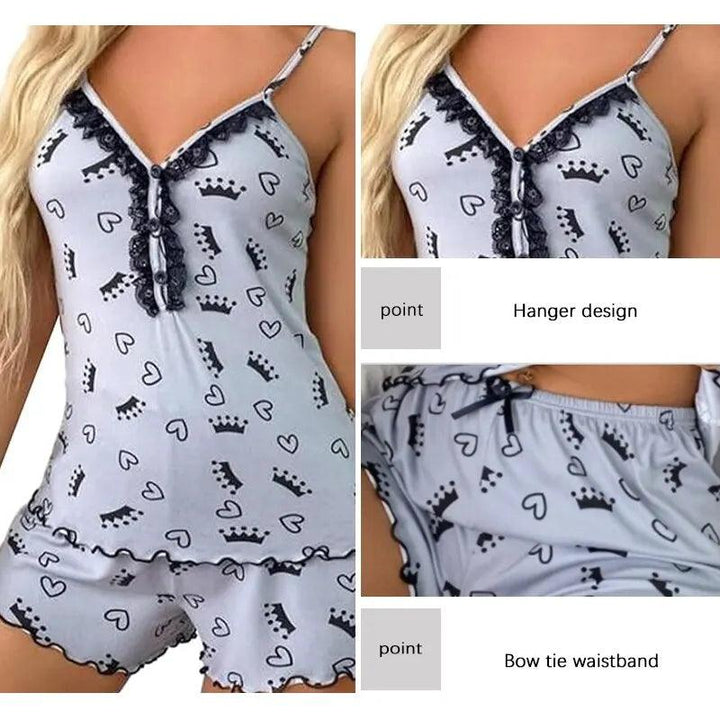 Sexy Summer Two Pieces Women Pajamas Set Deep V-Neck Tops And Shorts Pajama Suit Ladies Sleeveless Nightwear For Female-THAT FASHION STORE