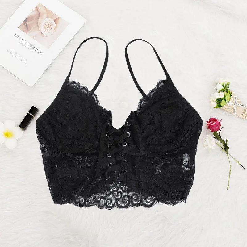 Sexy Lace Up Tank Tops Women Hollow Out Spaghetti Strap Corselet Summer Slim Push Up Camis Built In Bra French Elegant Camisole-THAT FASHION STORE