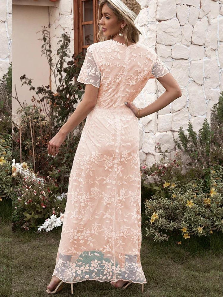 Embroidery Boho Long Dress Women Elegant Hollow Out Lace Holiday Beach Dress Female Fashion V Neck Short Sleeve Maxi Dress 2023-THAT FASHION STORE