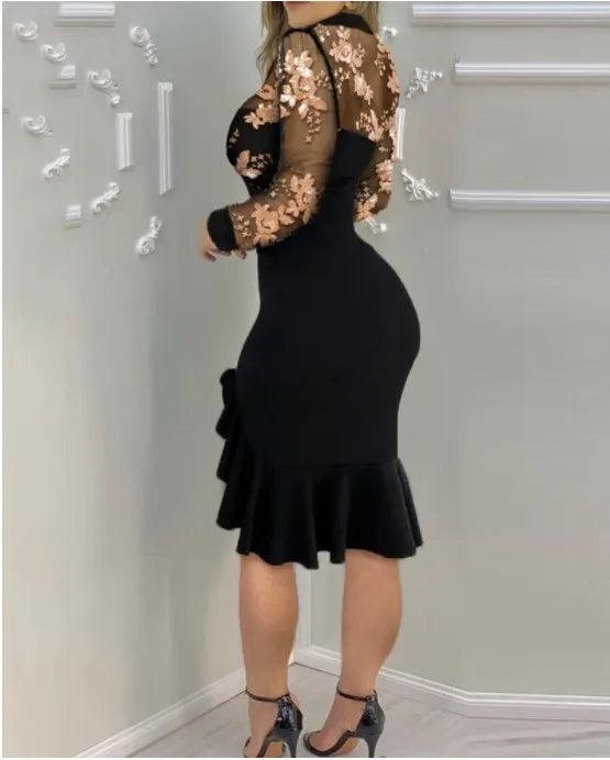 Sexy Mesh Ruffle Dress Long Sleeve Long Dress Europe and America Fashion Wedding Guest Embroidered Sequin Elegant Party Dresses-THAT FASHION STORE