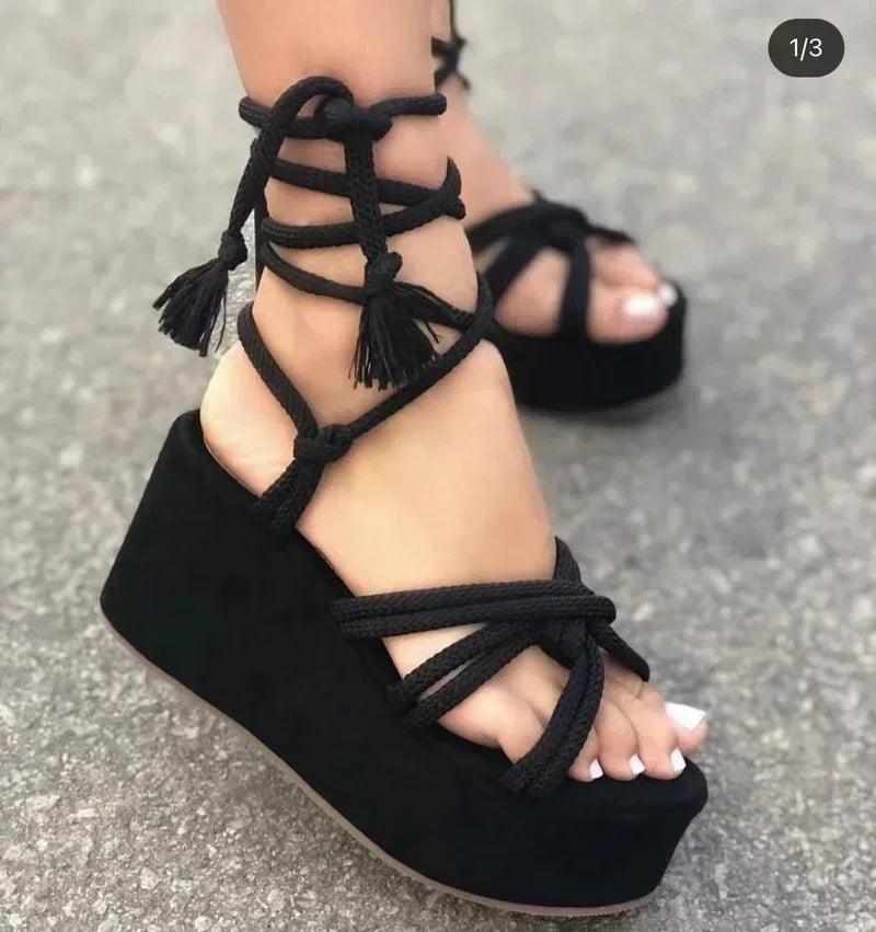 2024 Summer New Platform Wedge Sandals for Women Fashion Round Toe Cross Tied Height Increase Open Toe Femme Sandal Plus-THAT FASHION STORE