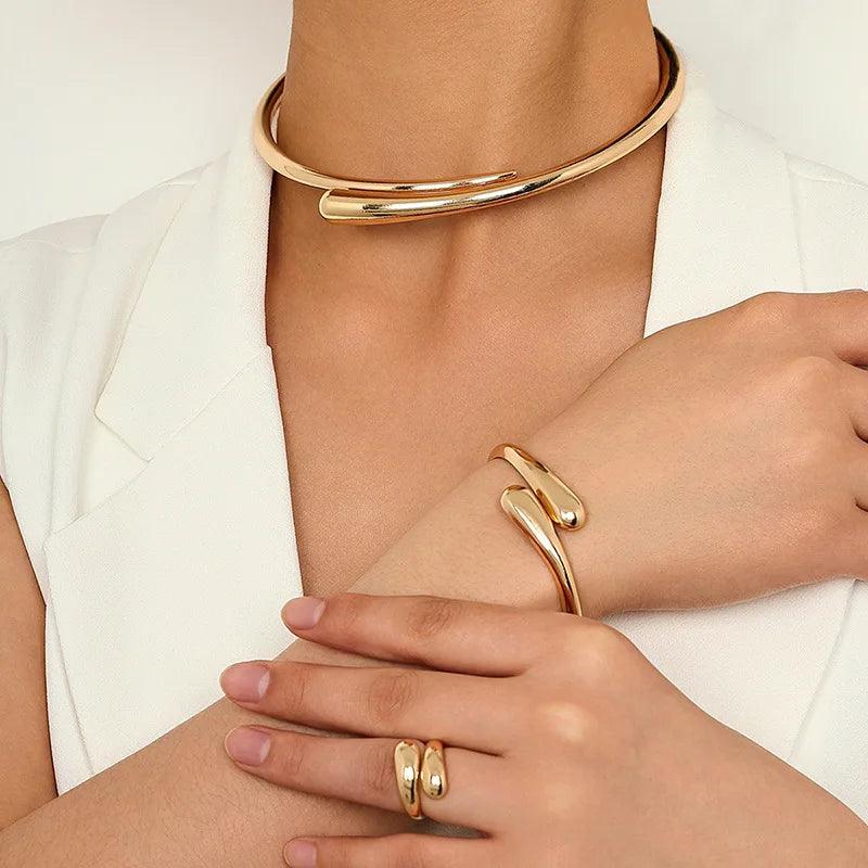 Jewelry Set For Women Geometric Smooth Collar Bracelet Ring Simple Metal Temperament Party Gift Holiday Fashion Accessories S020-THAT FASHION STORE