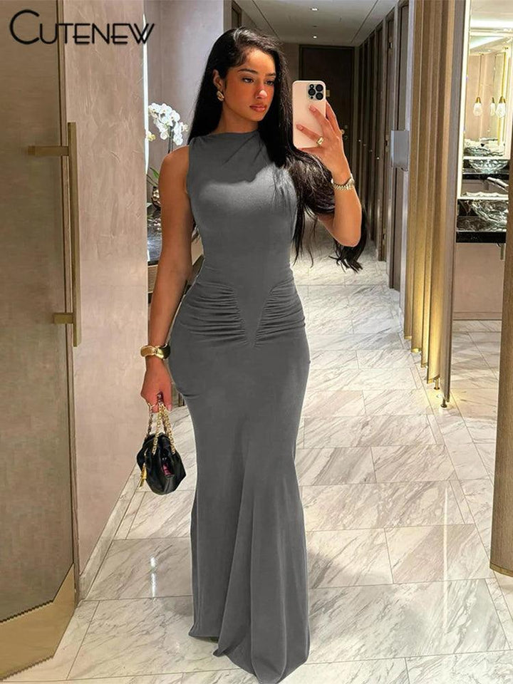 kliou Solid Elegant Maxi Dress Women Classic Simple Sleeveless O-neck Body-shaping Ruched Robe Female 2024 New Party Vestidos-THAT FASHION STORE