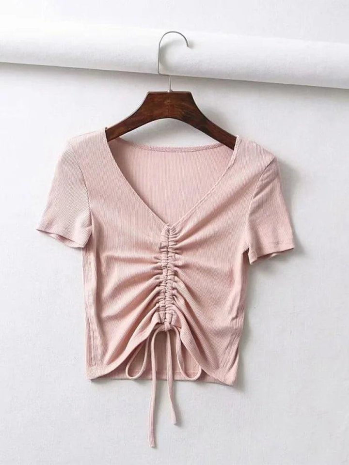 Sexy V Neck Cropped Tank Tops Women Drawstring Tie Up Front Camis Candy Colors Streetwear Slim Fit Ribbed Crop Top 2024-THAT FASHION STORE