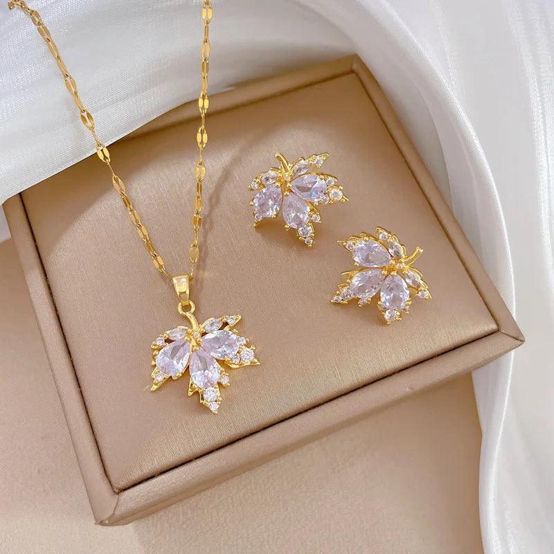 Fashion Micro-inlaid Necklace Earring Set Light Luxury Maple Leaf Personality Temperament Banquet Earrings Clavicle Chain-THAT FASHION STORE