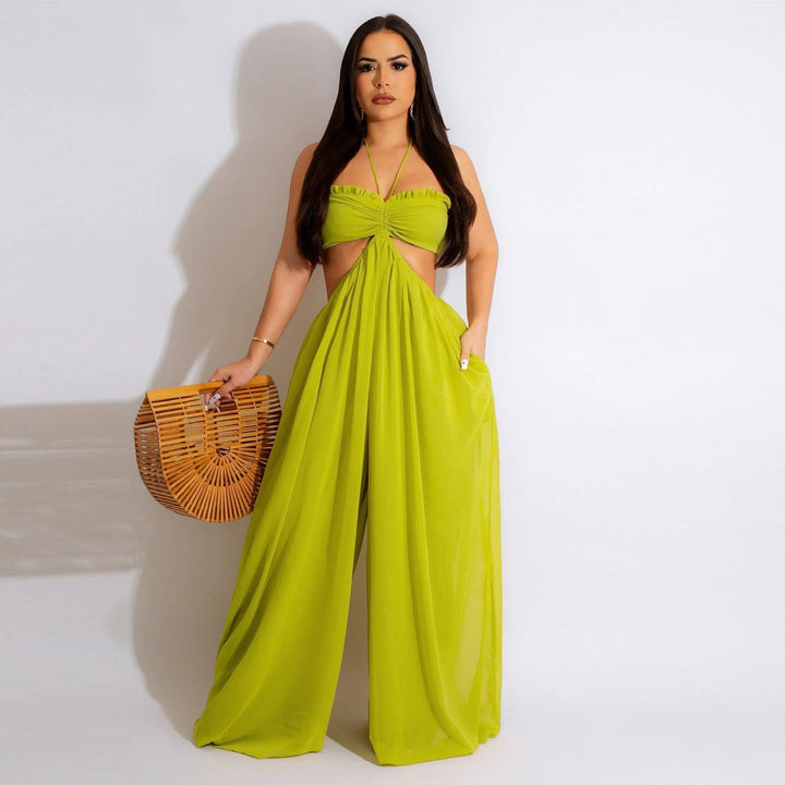 High Waist Wide Leg Jumpsuit Women Elegant Solid Color Chiffon Backless Halter Bodysuit-THAT FASHION STORE