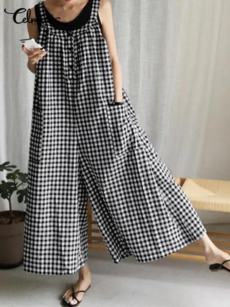 Celmia 2023 Summer Fashion Women Vintage Plaid Long Jumpsuits Wide Leg Pants Sleeveless Casual Loose Playsuits Bohemian Overalls-THAT FASHION STORE