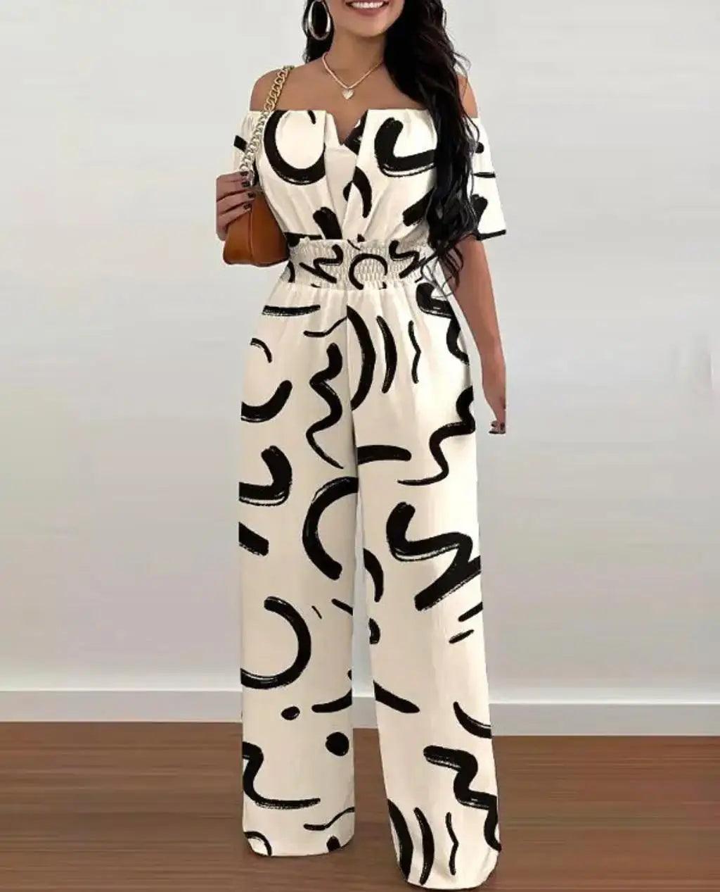 Summer Fashion Printed Wide Leg Jumpsuit Women Sexy Slash Neck Off-shoulder High Waist Jumpsuit Womem-THAT FASHION STORE