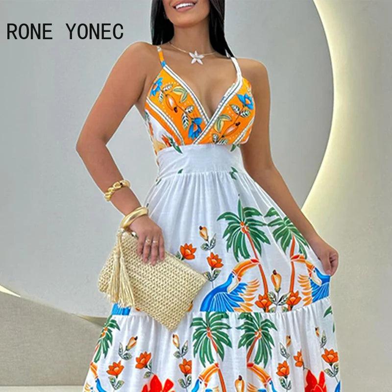 2024 Women All Over Print Deep V Neck Spaghetti Straps Ruffles Maxi Sexy Vacation Dresses-THAT FASHION STORE