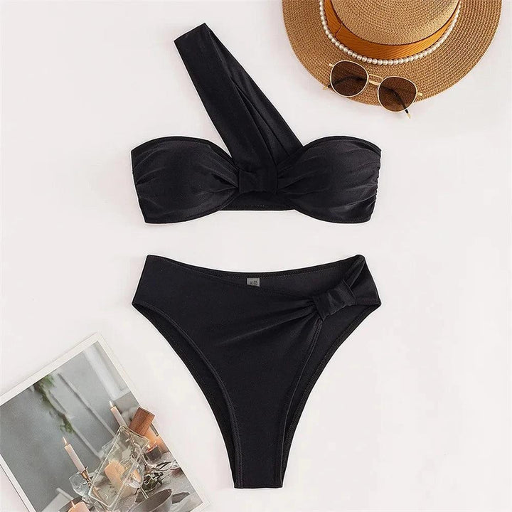 Black High Waisted Bikini Set One Shoulder Bandeau Swimwear Sexy Swimsuit Women 2024 Bathing Suit Brazilian Bikinis Mujer Bather-THAT FASHION STORE