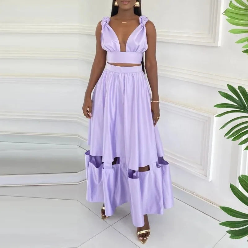 Chic Solid Color V-Neck Strap Top and Ankle-Length Skirt Set for Women - Stylish Hollow Pleated Summer Outfit - THAT FASHION STORE