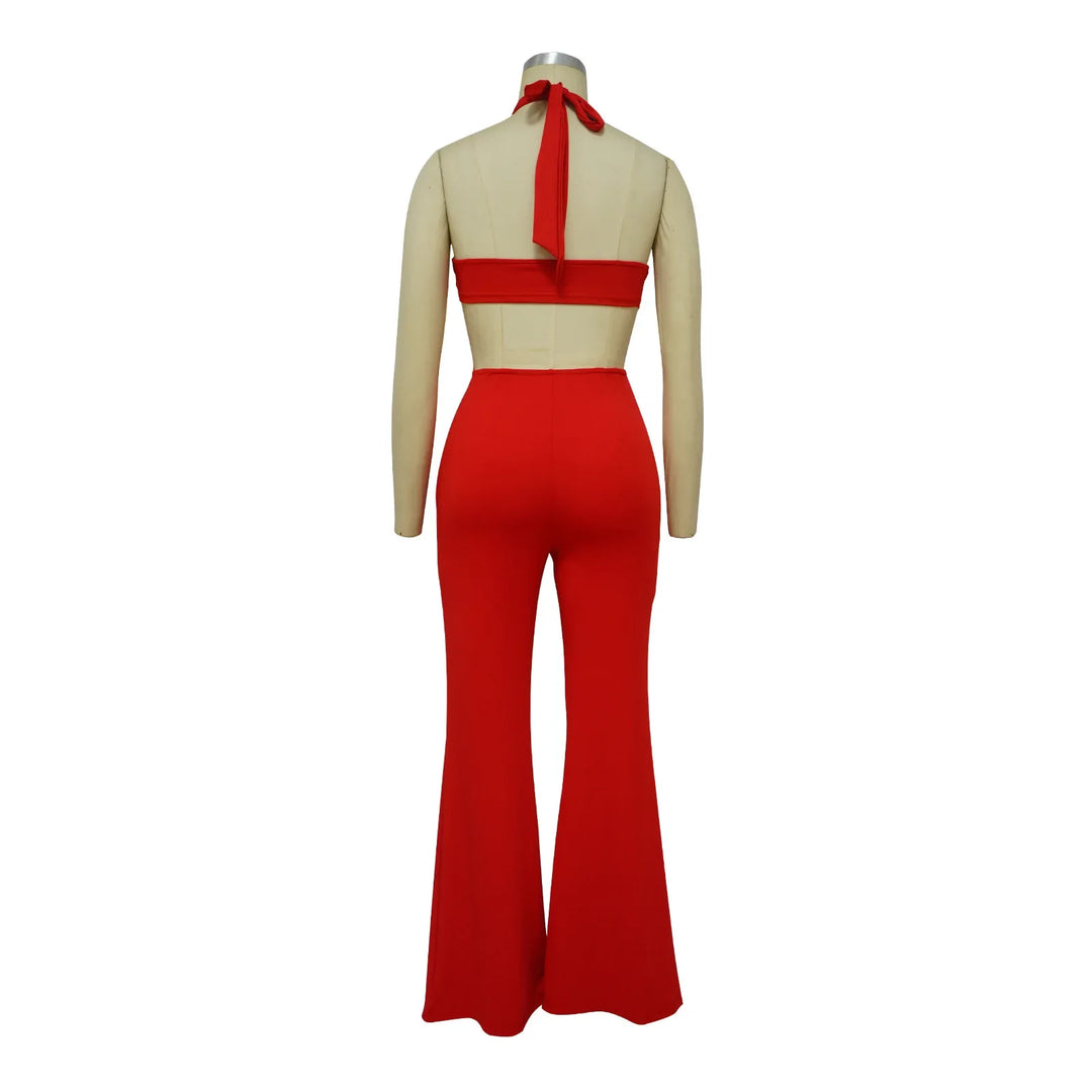 Jumpsuit Women 2024 Summer Fashion Solid Color Halter Cutout Waist Casual High Waist Sleeveless Daily Wide Leg Long Jumpsuit - THAT FASHION STORE