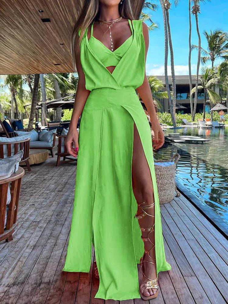 Sexy Vest And Maxi Dress Women Outfits Summer Women Beach Loose Two Piece Set Lady Patchwork Short Tops And Skirt Matching Suit-THAT FASHION STORE