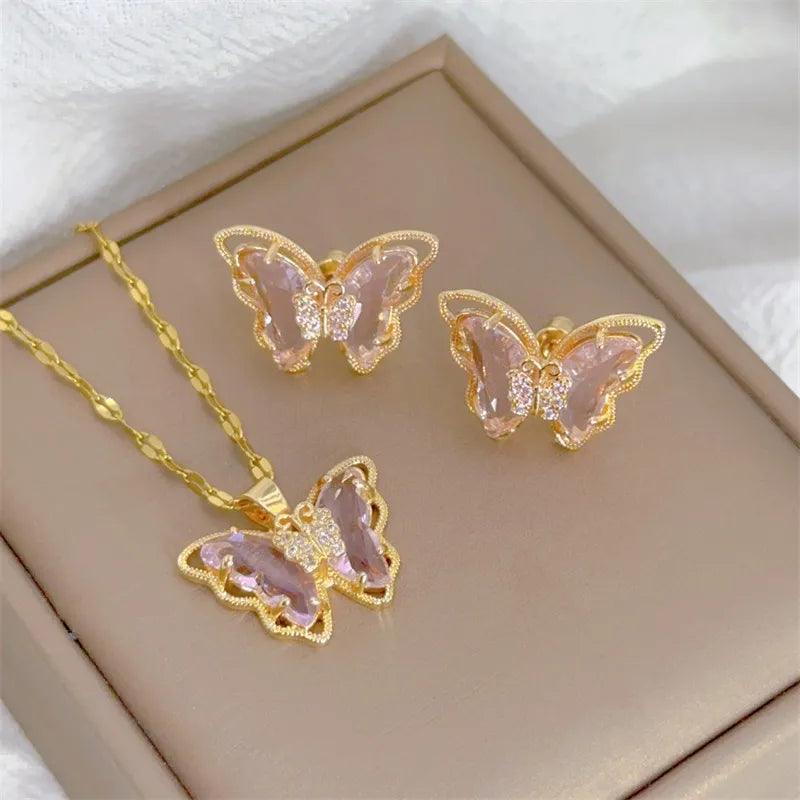 Fashion European and American Cute Micro-inlaid Butterfly Necklace Earrings Set Classic Light Luxury Transparent Stainless Steel-THAT FASHION STORE