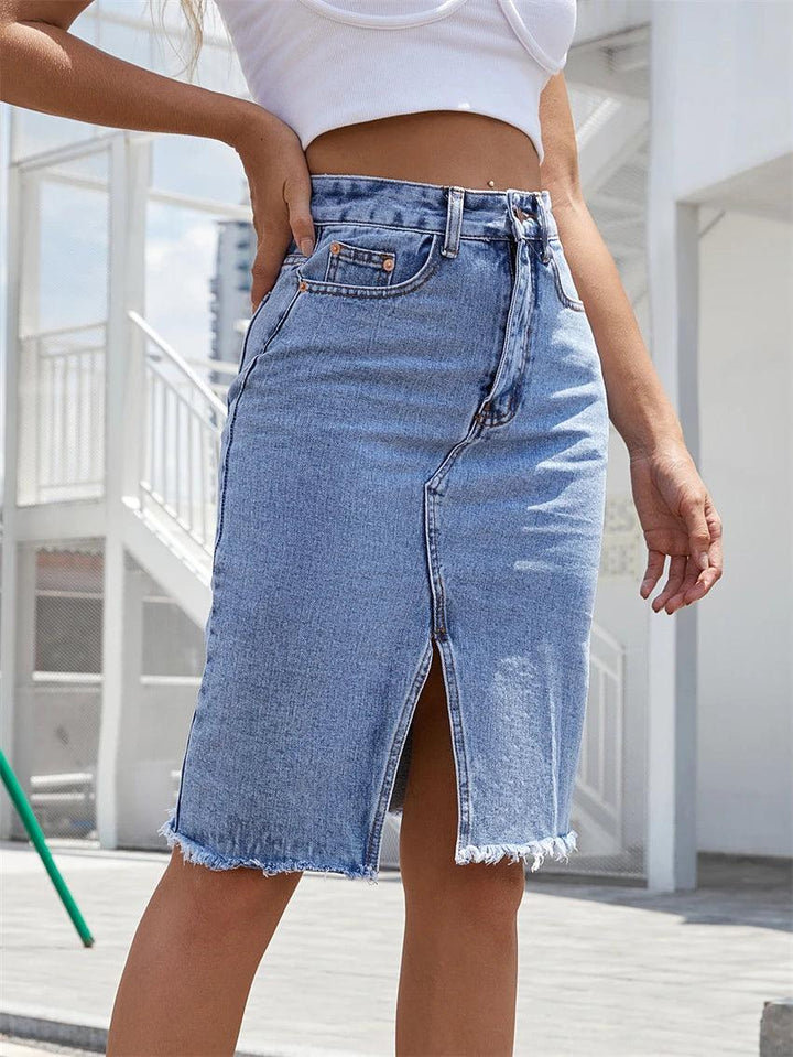 Women's Front Slit Blue Denim Skirt Pockets High Waist Slim Zipper Fly Midi Skirts 2023 Spring Female Casual Streetwear-THAT FASHION STORE