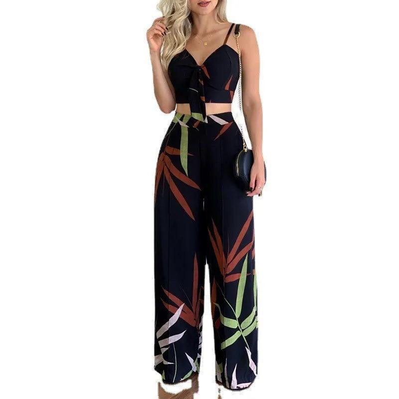 Sexy V Neck Sleeveless Tops Pants Set Office Lady Spring Summer Casual Print Blouse Trousers Two Piece Set Women Outfit 2023-THAT FASHION STORE