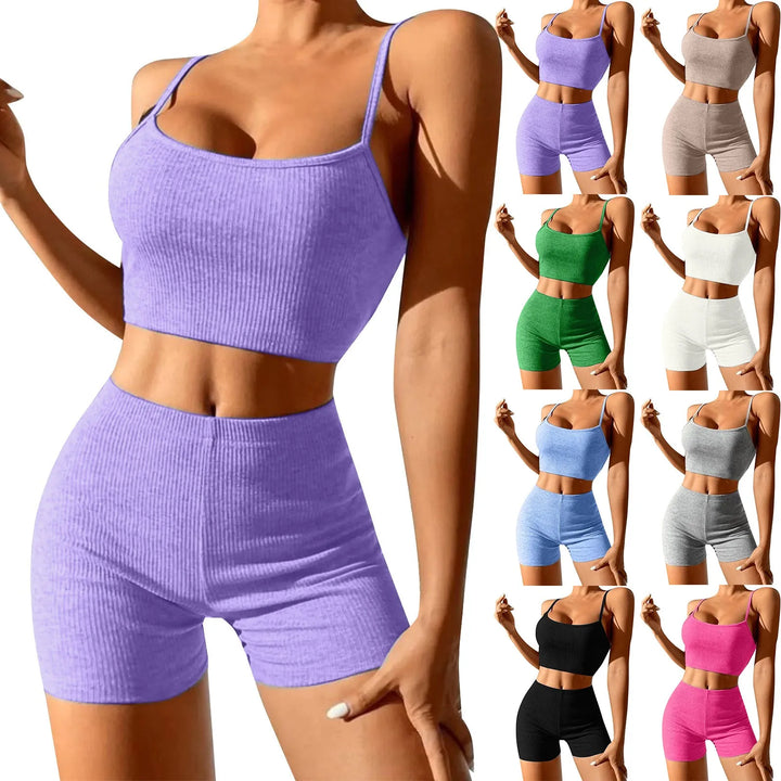 Sleek Ribbed Knitted 2-Piece Set with Sexy Suspender Design and Short Outfits for Fashionable Yoga and Sports - THAT FASHION STORE