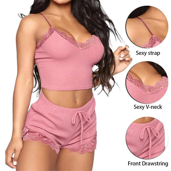 Lace Pajama Sets for Women Soft Comfortable V-Neck Sleepwears Sexy Female Nightgown Set Sleeveless Night Wear Satin Nightdress-THAT FASHION STORE