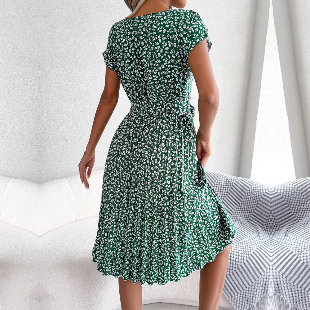 Women Spring Summer Short Sleeve High Waist Chic Dress Fashion Floral Pleated A Line Long Dress-THAT FASHION STORE