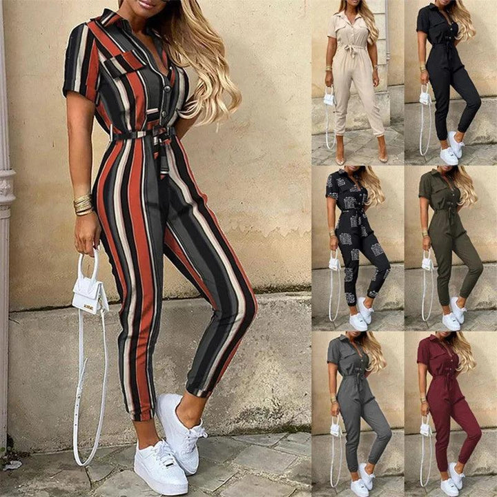 Women's Monochromatic Belt Workwear Jumpsuit, Casual Pants, Flip Collar, Buckle, European and American, Summer, 2023-THAT FASHION STORE