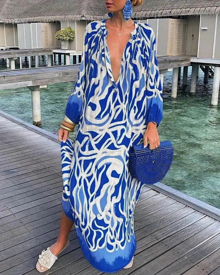 Elegant Women's Dresses 2023 Summer Casual Fashion Print V-Neck Loose Retro Comfortable Maxi Dress Female Robe S-XXXL-THAT FASHION STORE