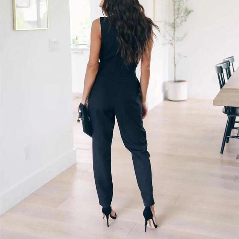 Customized Fashion Lace Women Jumpsuit With Belt Sleeveless Casual V-neck Solid Women Black Jumpsuits Fashion Female Pants-THAT FASHION STORE