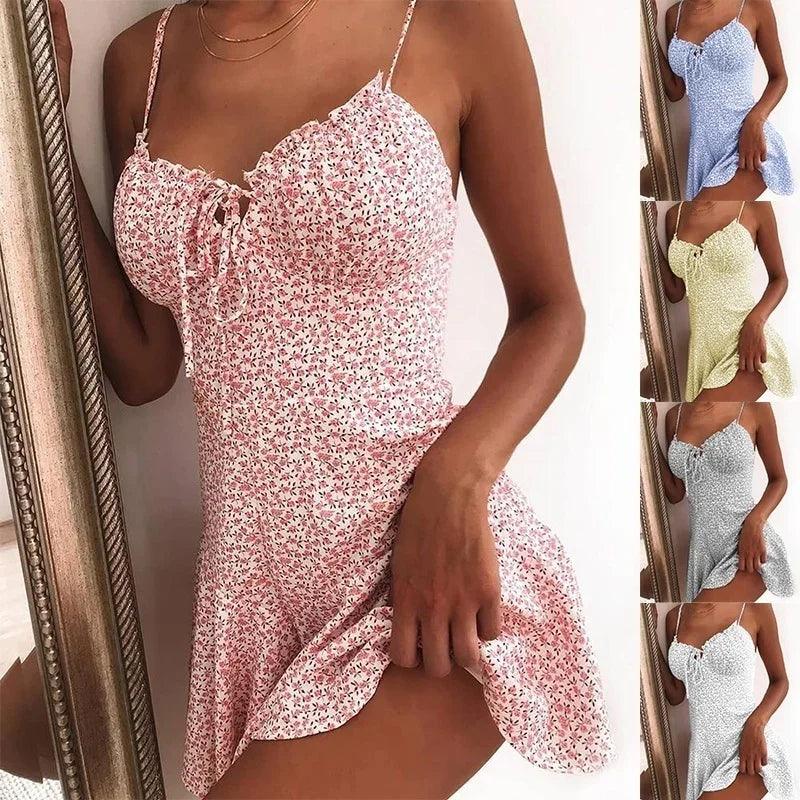 2023 Women Summer Spaghetti Strap Floral Print Tie Front Mini Dress Sexy Dress-THAT FASHION STORE