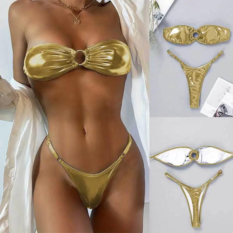 2024 New Bikini Sexy Golden 2 Pieces Lace Bikini Set Swimsuit Extreme Mini Thong Bathing Suit Bikin 3-Point Split Swimwear-THAT FASHION STORE