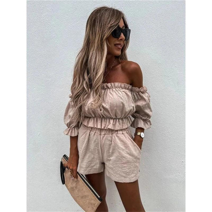 Women Casual Short Sleeve Outfit 2023 Summer Fashion One-Word Collar Lantern Sleeve Pocket Suit Female Top Shorts Two Pieces Set-THAT FASHION STORE