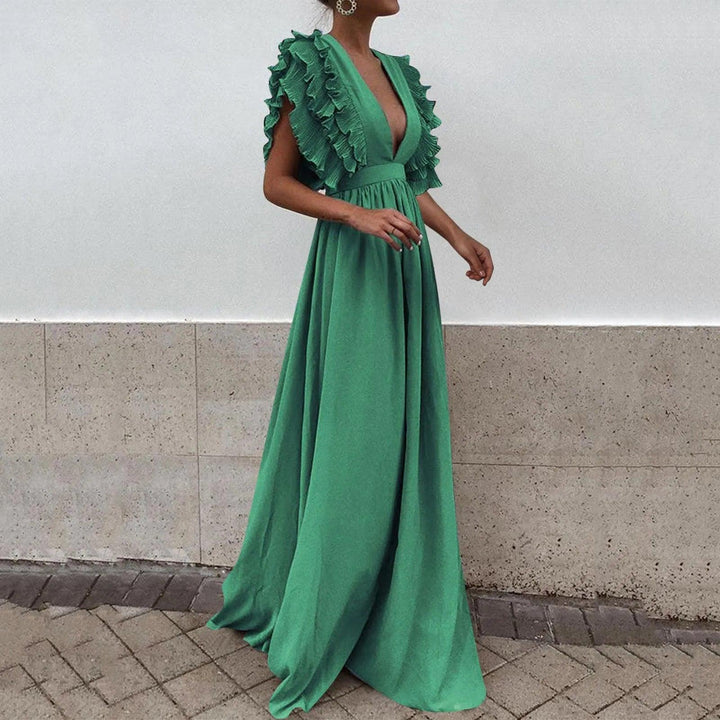 Formal Party Dress Women Sexy Deep V-Neck Long Dress Solid Color Elegant Flying Sleeves Backless Maxi Evening Dresses Robe-THAT FASHION STORE