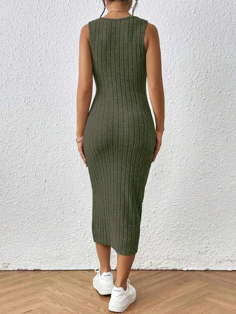 Women's summer fashion new knitted square collar halter slim slit solid color texture dress-THAT FASHION STORE