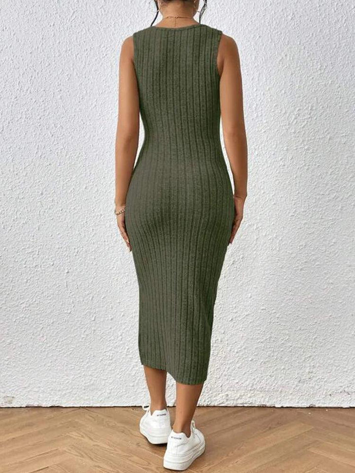 Women's summer fashion new knitted square collar halter slim slit solid color texture dress-THAT FASHION STORE